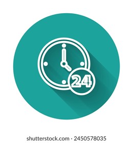 White line Clock 24 hours icon isolated with long shadow. All day cyclic icon. 24 hours service symbol. Green circle button. Vector