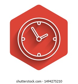 White line Clock icon isolated with long shadow. Time symbol. Red hexagon button. Vector Illustration