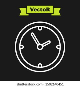 White line Clock icon isolated on black background. Time symbol.  Vector Illustration