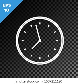 White line Clock icon isolated on transparent dark background. Time symbol.  Vector Illustration