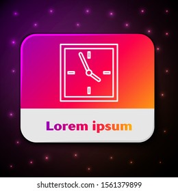 White line Clock icon isolated on black background. Time symbol. Rectangle color button. Vector Illustration
