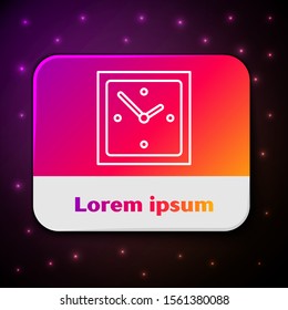 White line Clock icon isolated on black background. Time symbol. Rectangle color button. Vector Illustration