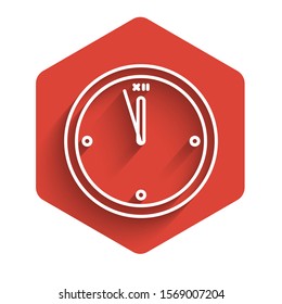 White line Clock icon isolated with long shadow. Time symbol. Merry Christmas and Happy New Year. Red hexagon button. Vector Illustration