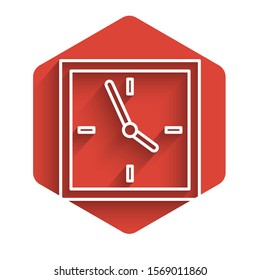 White line Clock icon isolated with long shadow. Time symbol. Red hexagon button. Vector Illustration