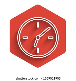 White line Clock icon isolated with long shadow. Time symbol. Red hexagon button. Vector Illustration