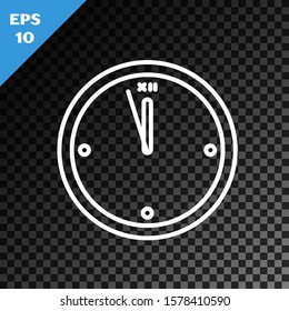 White line Clock icon isolated on transparent dark background. Time symbol. Merry Christmas and Happy New Year.  Vector Illustration