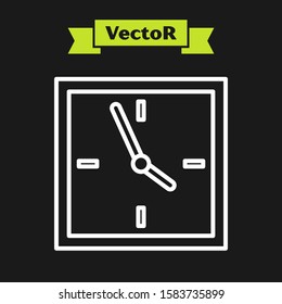 White line Clock icon isolated on black background. Time symbol.  Vector Illustration