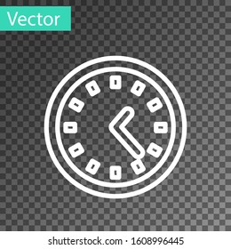 White line Clock icon isolated on transparent background. Time symbol.  Vector Illustration