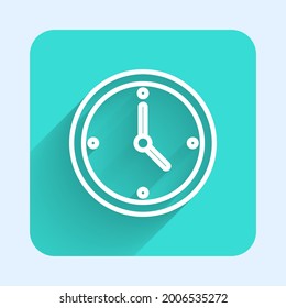 White line Clock icon isolated with long shadow. Time symbol. Green square button. Vector Illustration