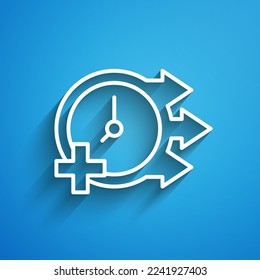 White line Clock icon isolated on blue background. Time symbol. Long shadow. Vector