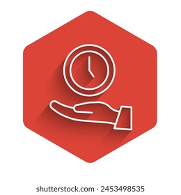 Línea blanca Icono de reloj aislado con sombra larga. Símbolo de tiempo. Botón hexagonal rojo. Vector