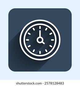 White line Clock icon isolated with long shadow background. Time symbol. Blue square button. Vector