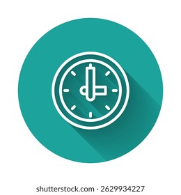 White line Clock icon isolated with long shadow background. Time symbol. Green circle button. Vector