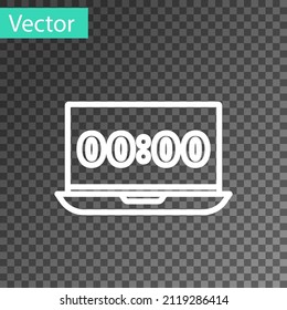 White line Clock on laptop screen icon isolated on transparent background. Schedule concepts.  Vector