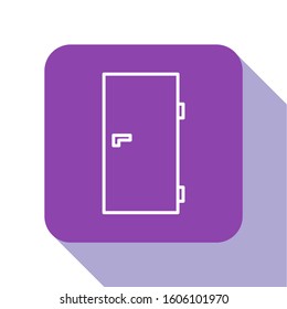 White line Closed door icon isolated on white background. Purple square button. Vector Illustration