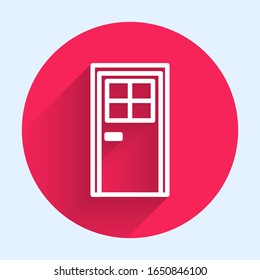 White line Closed door icon isolated with long shadow. Red circle button. Vector Illustration