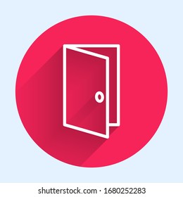 White line Closed door icon isolated with long shadow. Red circle button. Vector Illustration