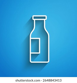 White line Closed glass bottle with milk icon isolated on blue background. Long shadow. Vector