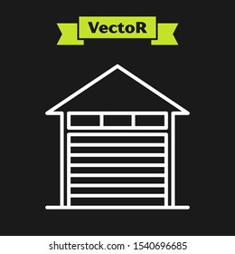 White line Closed warehouse icon isolated on black background.  Vector Illustration