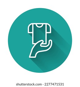 White line Clothes donation icon isolated with long shadow background. Green circle button. Vector