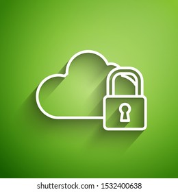 White line Cloud computing lock icon isolated on green background. Security and safety protection concept. Protection of personal data.  Vector Illustration