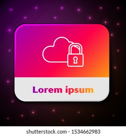 White line Cloud computing lock icon isolated on black background. Security, safety, protection concept. Protection of personal data. Rectangle color button. Vector Illustration
