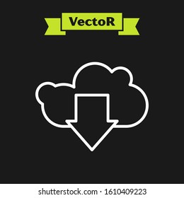 White line Cloud download icon isolated on black background.  Vector Illustration