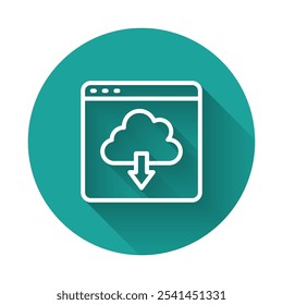 Linha branca ícone de download Nuvem isolado com fundo de sombra longa. Botão de círculo verde. Vetor