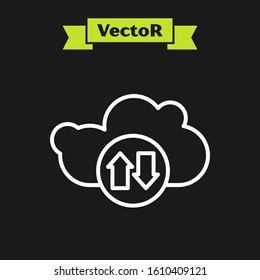 White line Cloud download and upload icon isolated on black background.  Vector Illustration
