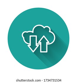 White line Cloud download and upload icon isolated with long shadow. Green circle button. Vector Illustration