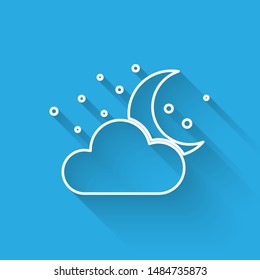 White line Cloud with moon and stars icon isolated with long shadow. Cloudy night sign. Sleep dreams symbol. Night or bed time sign.  Vector Illustration