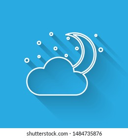 White line Cloud with moon and stars icon isolated with long shadow. Cloudy night sign. Sleep dreams symbol. Night or bed time sign.  Vector Illustration