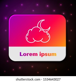 White line Cloud with moon and stars icon isolated on black background. Cloudy night sign. Sleep dreams symbol. Night or bed time sign. Rectangle color button. Vector Illustration