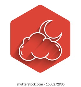 White line Cloud with moon and stars icon isolated with long shadow. Cloudy night sign. Sleep dreams symbol. Night or bed time sign. Red hexagon button. Vector Illustration