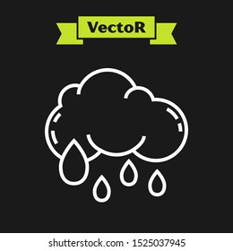 White line Cloud with rain icon isolated on black background. Rain cloud precipitation with rain drops.  Vector Illustration