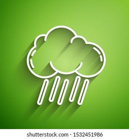 White line Cloud with rain icon isolated on green background. Rain cloud precipitation with rain drops.  Vector Illustration