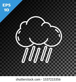 White line Cloud with rain icon isolated on transparent dark background. Rain cloud precipitation with rain drops.  Vector Illustration