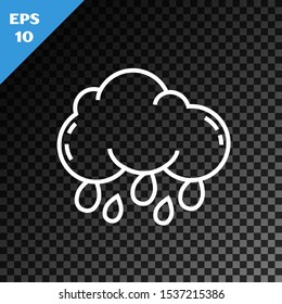 White line Cloud with rain icon isolated on transparent dark background. Rain cloud precipitation with rain drops.  Vector Illustration