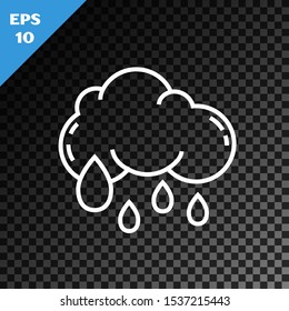 White line Cloud with rain icon isolated on transparent dark background. Rain cloud precipitation with rain drops.  Vector Illustration