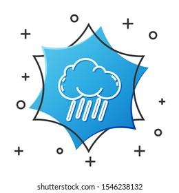 White line Cloud with rain icon isolated on white background. Rain cloud precipitation with rain drops. Blue hexagon button. Vector Illustration