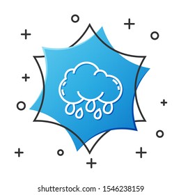 White line Cloud with rain icon isolated on white background. Rain cloud precipitation with rain drops. Blue hexagon button. Vector Illustration