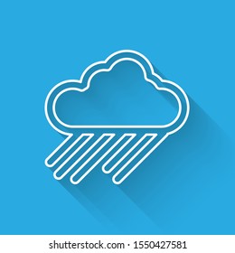 White line Cloud with rain icon isolated with long shadow. Rain cloud precipitation with rain drops.  Vector Illustration