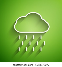 White line Cloud with rain icon isolated on green background. Rain cloud precipitation with rain drops.  Vector Illustration