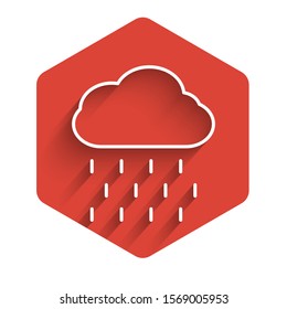 White line Cloud with rain icon isolated with long shadow. Rain cloud precipitation with rain drops. Red hexagon button. Vector Illustration
