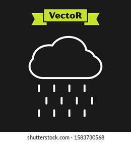 White line Cloud with rain icon isolated on black background. Rain cloud precipitation with rain drops.  Vector Illustration