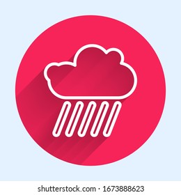White line Cloud with rain icon isolated with long shadow. Rain cloud precipitation with rain drops. Red circle button. Vector Illustration