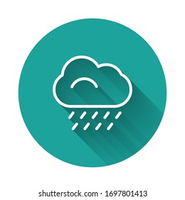 White line Cloud with rain icon isolated with long shadow. Rain cloud precipitation with rain drops. Green circle button. Vector Illustration