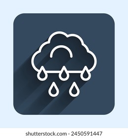 White line Cloud with rain icon isolated with long shadow background. Rain cloud precipitation with rain drops. Blue square button. Vector