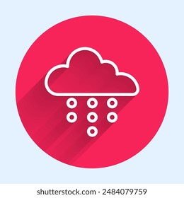 White line Cloud with rain icon isolated with long shadow. Rain cloud precipitation with rain drops. Red circle button. Vector
