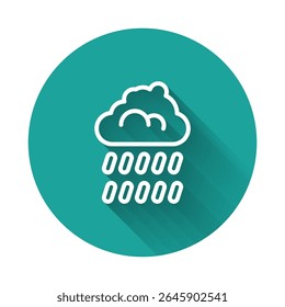 White line Cloud with rain icon isolated with long shadow background. Rain cloud precipitation with rain drops. Green circle button. Vector